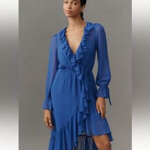 Anthropologie Elegant Ruffled Wrap Dress in Cobalt Blue